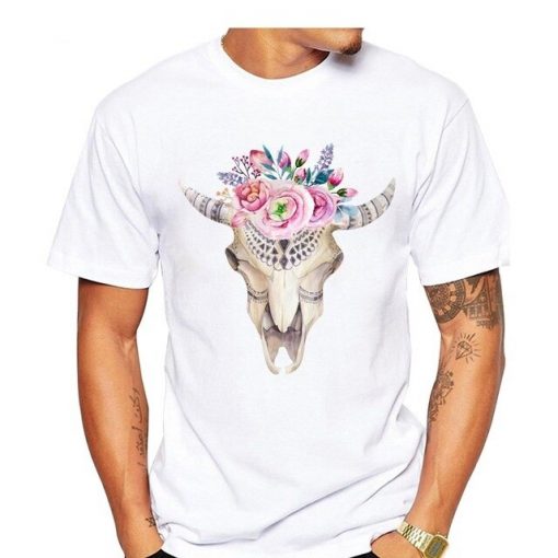 Skull-T-Shirt-Texas-Long-horn-Flower-Watercolor-painting-Floral-design-Skull-Printed-T-Shirt DB